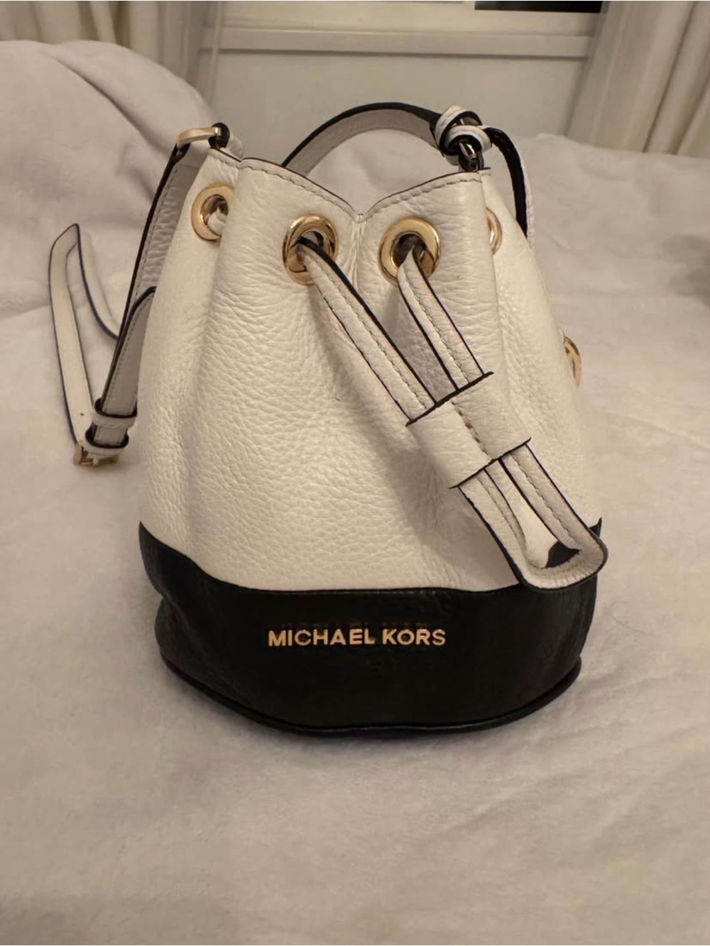 Michael Kors Two-Tone White and Black Leather Drawstring Mini Bucket Bag